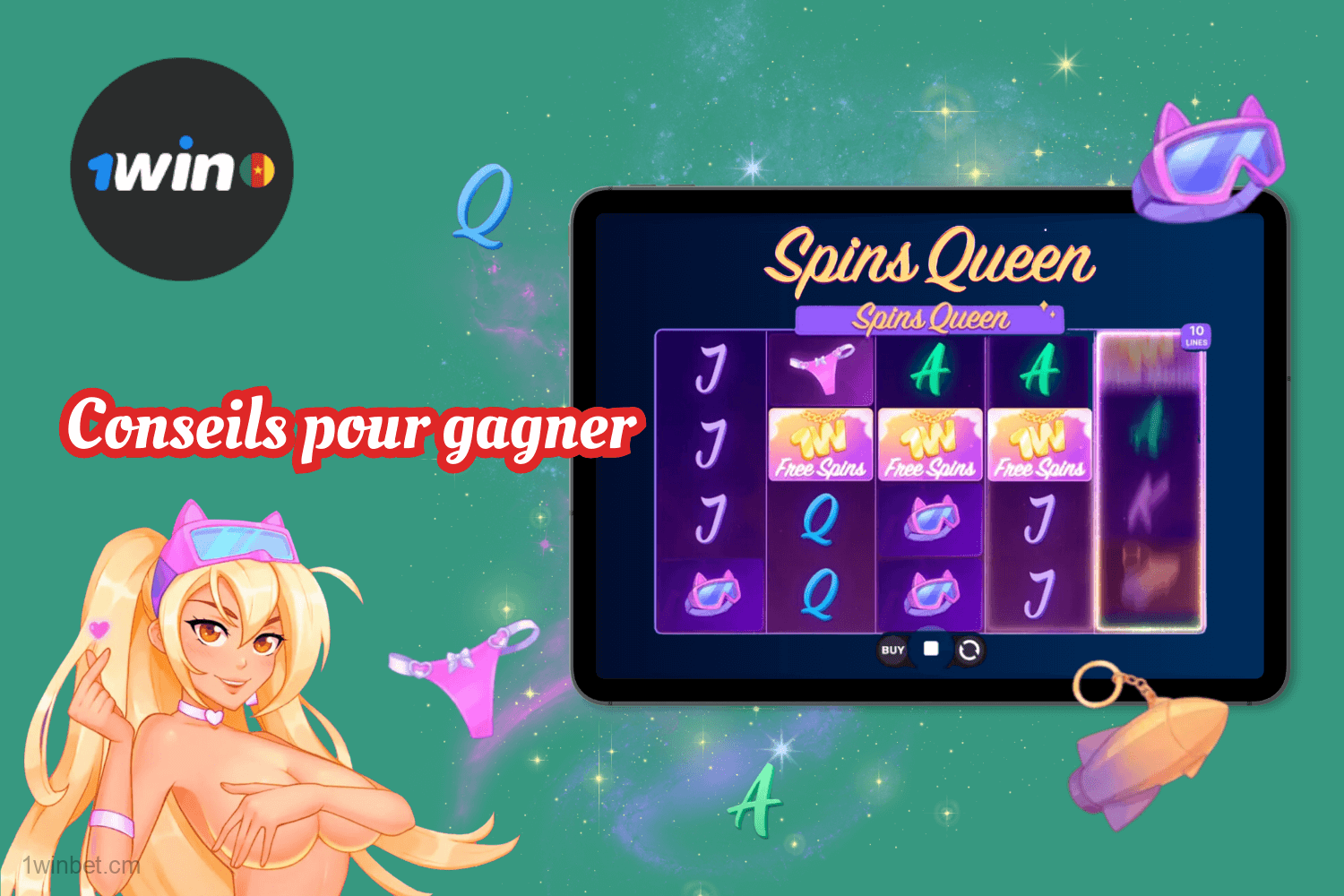 Conseils pour gagner Spins Queen sur 1win Cameroun : suivez les règles, commencez avec des mises minimales, utilisez les symboles 1W et Wild et jouez de manière responsable